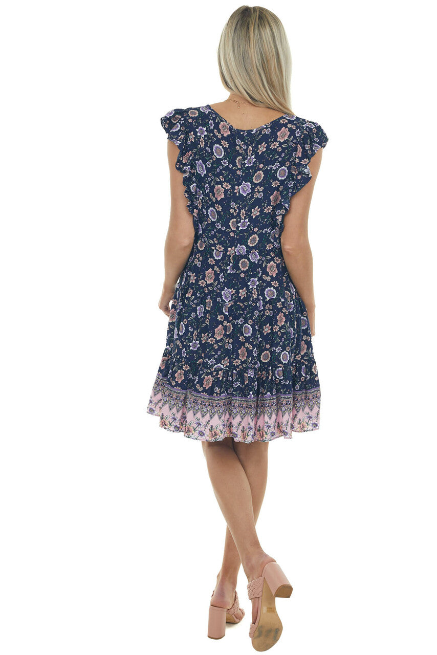 Navy Floral Print V Neck Tiered Short Dress