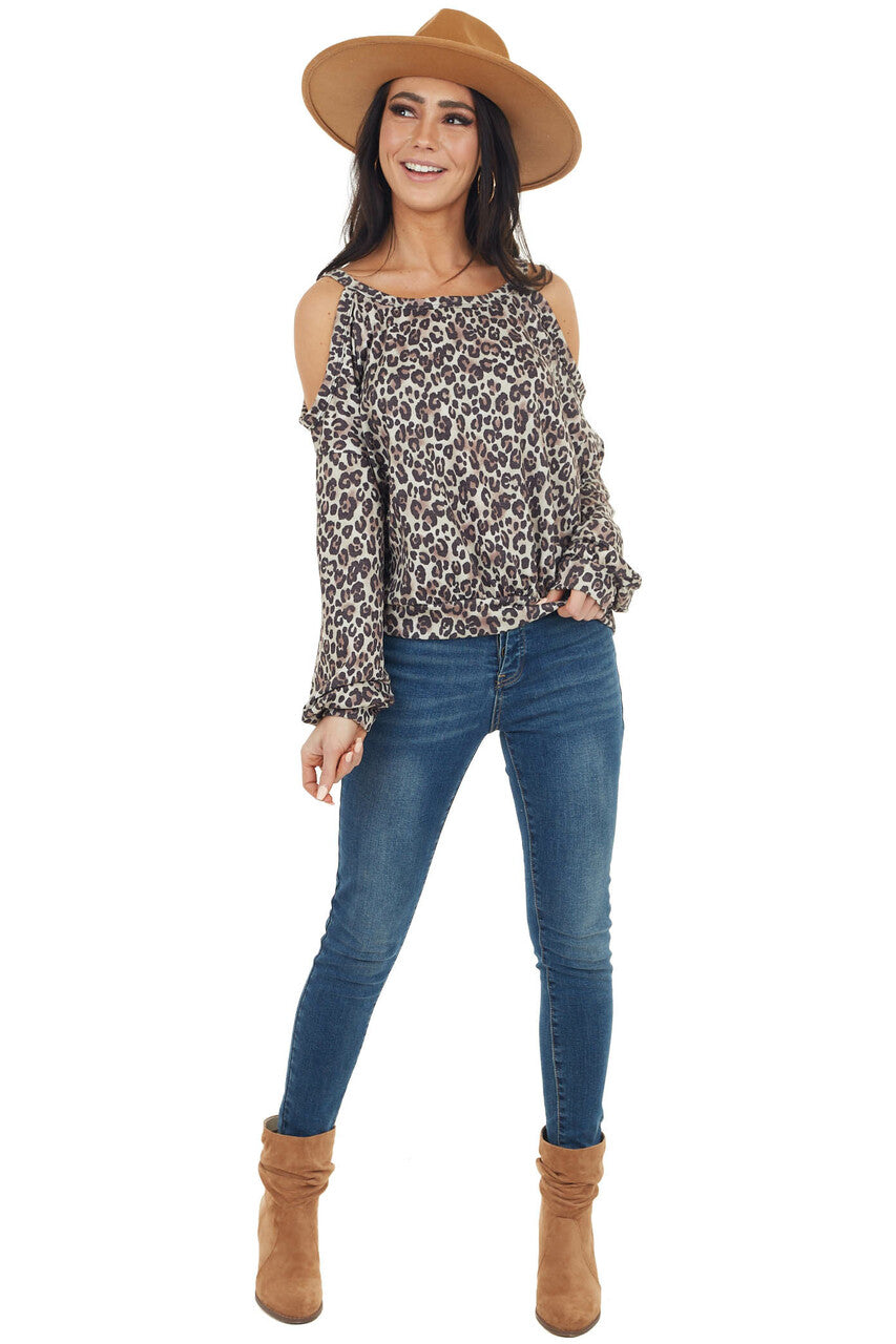 Oatmeal Leopard Print Long Sleeve Top with Cold Shoulders