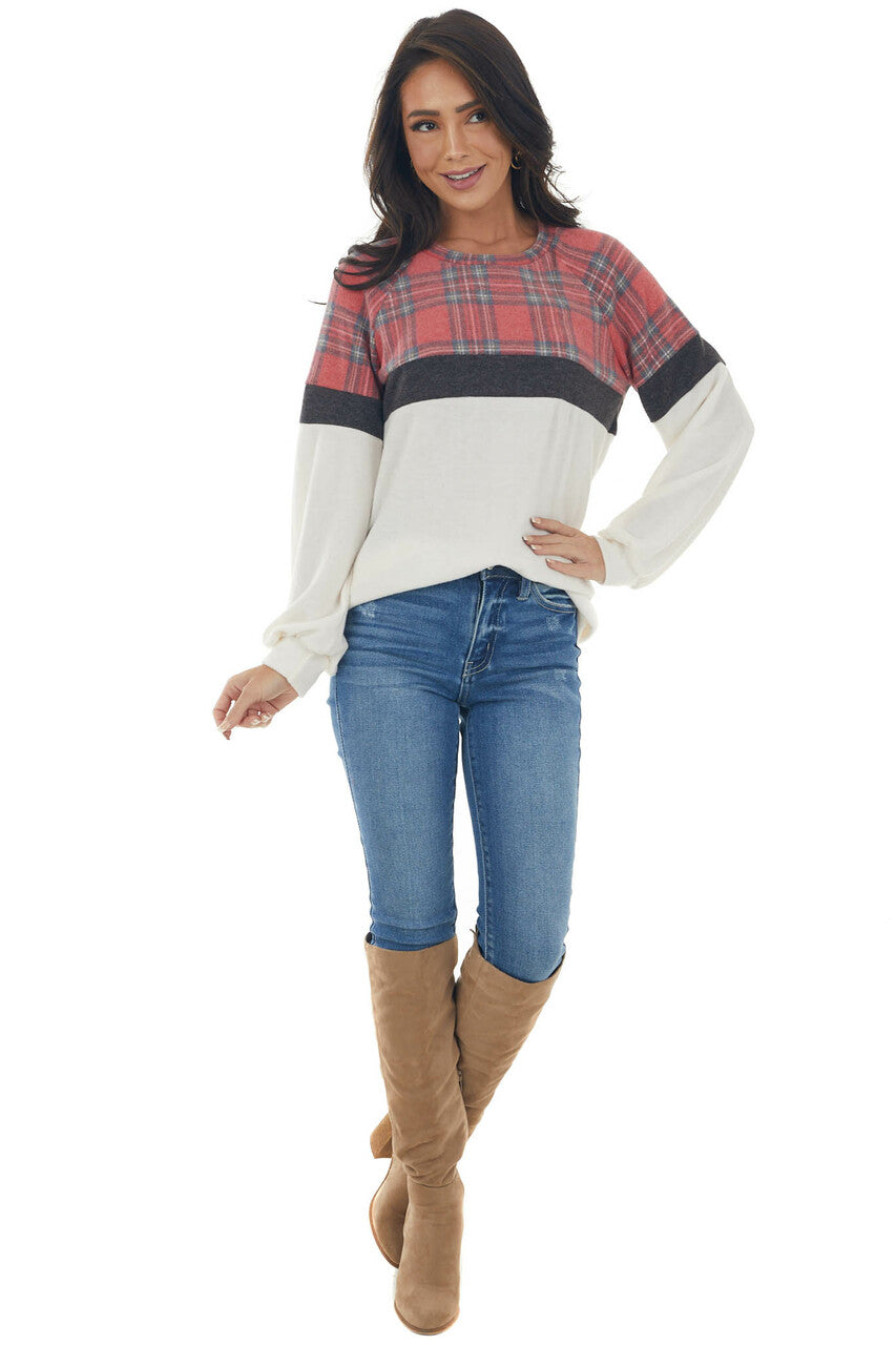 Crimson Plaid Colorblock Brushed Knit Top
