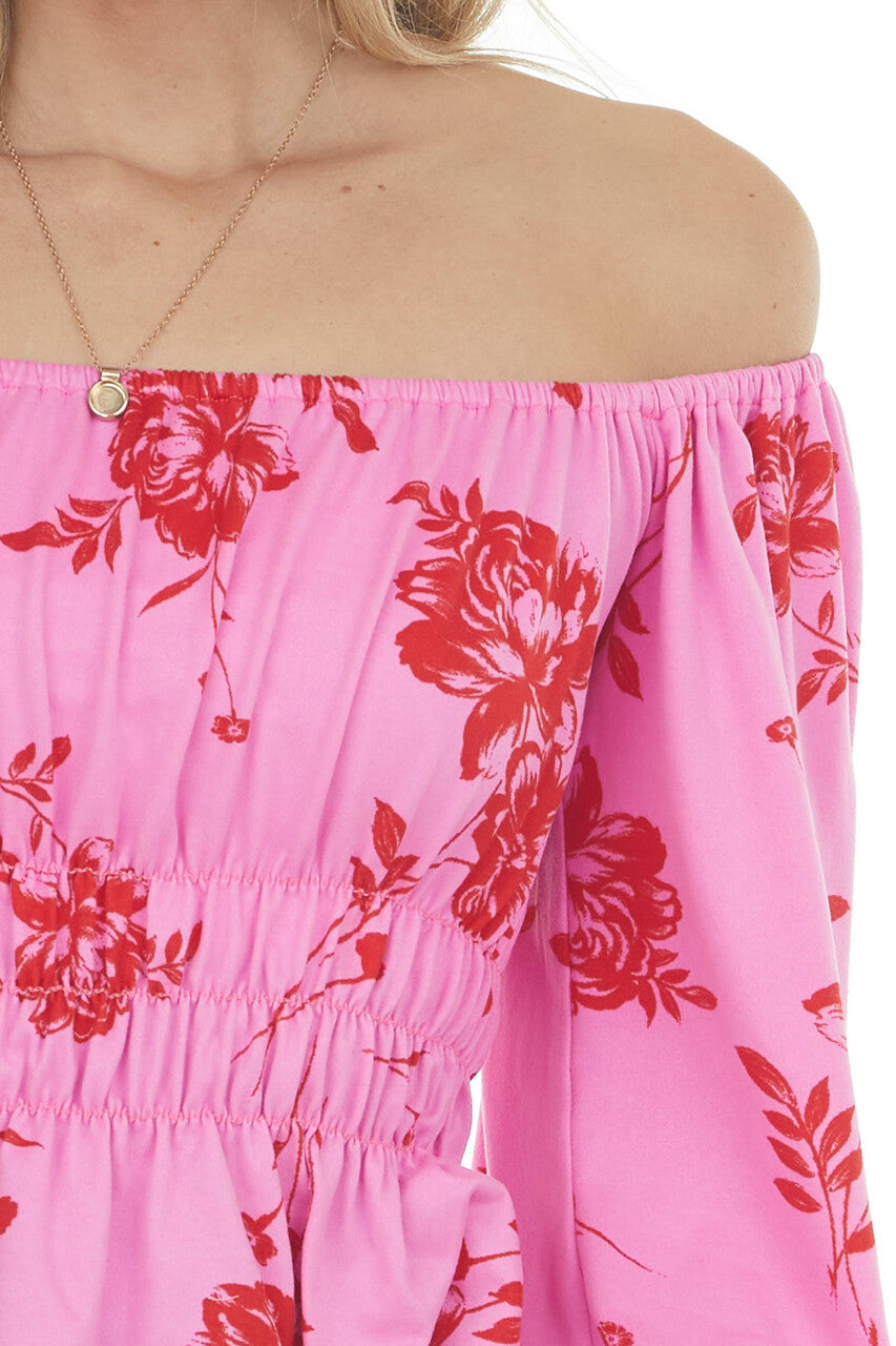 Hot Pink and Red Floral Print Off the Shoulder Knit Top