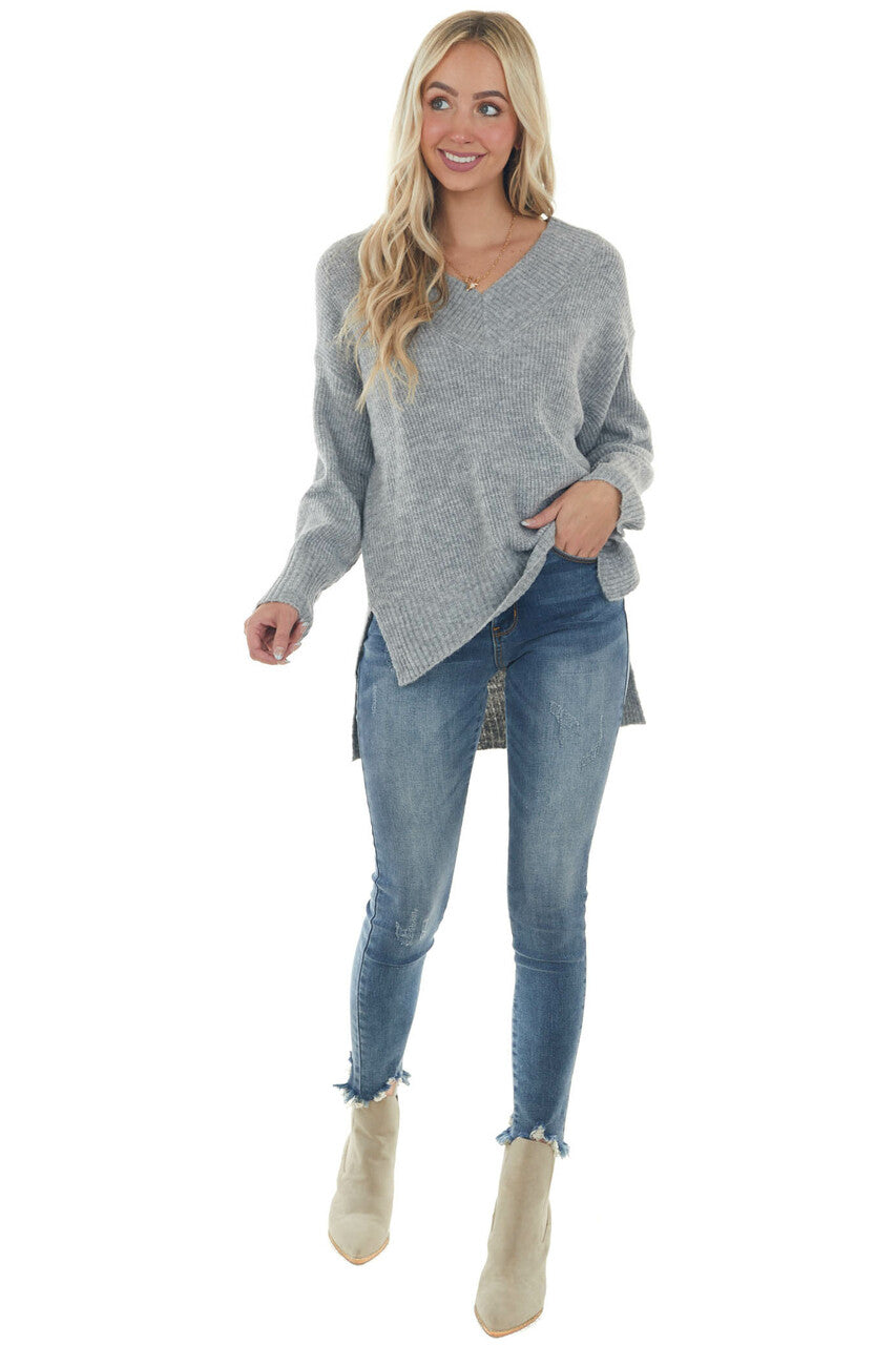 Dove Grey V Neck High Low Hem Ribbed Sweater