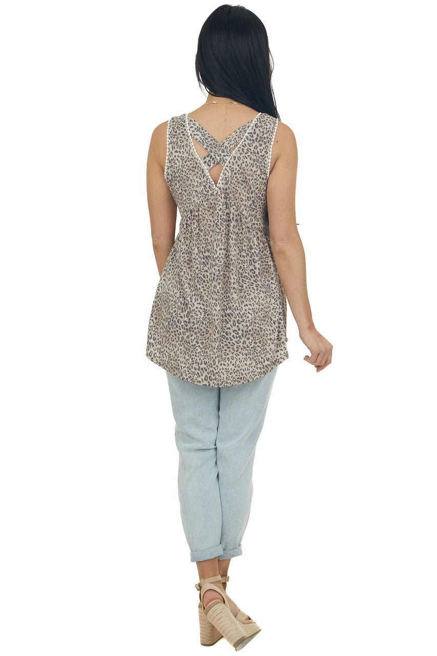 Latte Leopard Print Tank Top with Crochet Trim