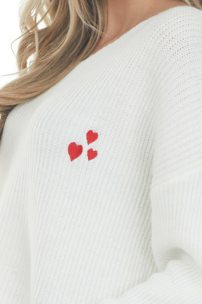 Off White Knit Sweater with Embroidered Hearts