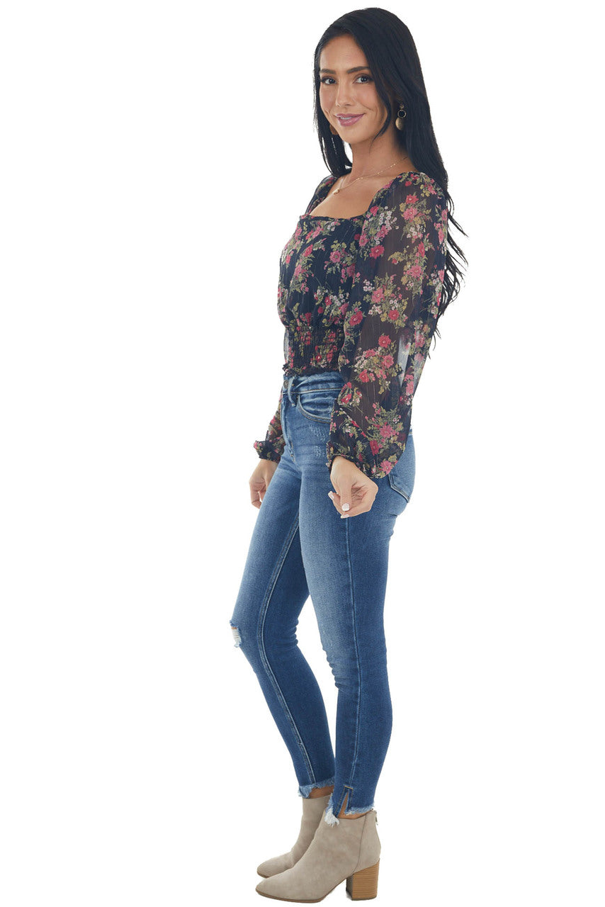 Dark Navy Floral Sheer Bubble Sleeve Crop Top