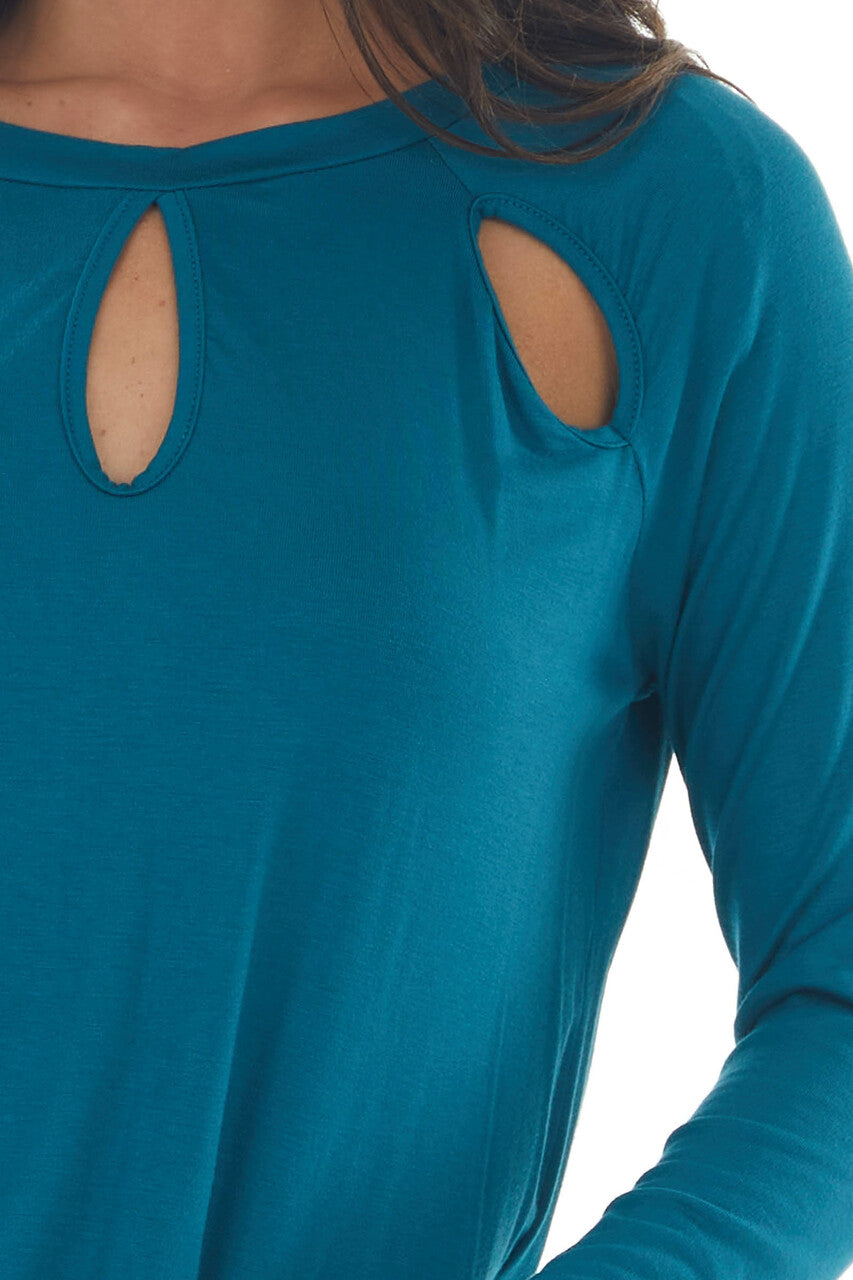 Deep Teal Long Sleeve Triple Chest Keyhole Top 