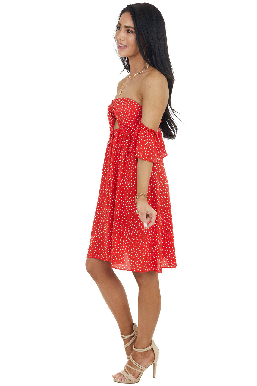 Lipstick Red Polka Dot Off the Shoulder Dress with Ruching