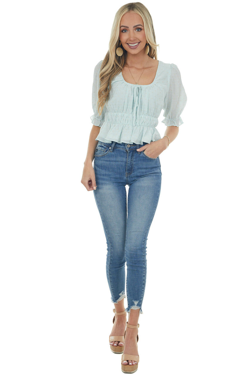 Mint Dot Textured Peasant Sleeve Peplum Top 