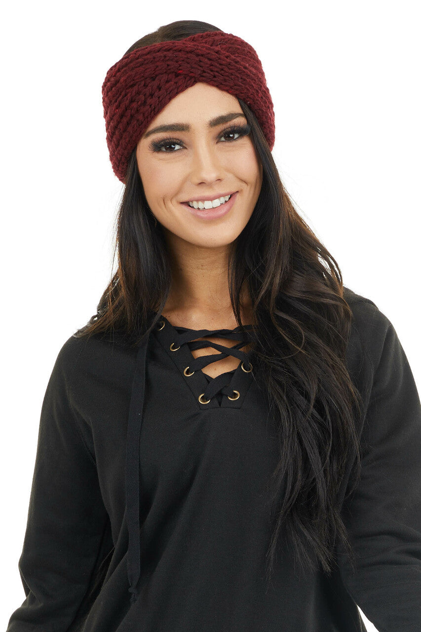 Burgundy Crochet Knit Headband with Front Criss Cross Detail