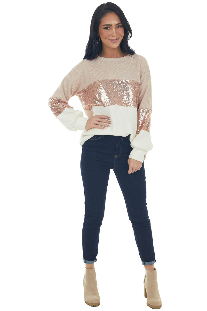 Apricot and Ivory Colorblock Sequined Top 