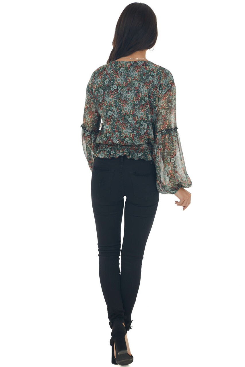 Black Floral Print Surplice Blouson Woven Top 