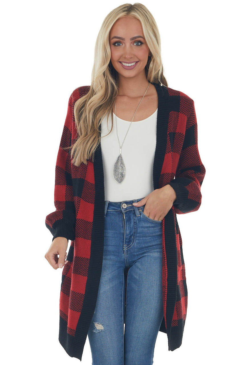 Pomegranate Buffalo Plaid Puff Sleeve Cardigan