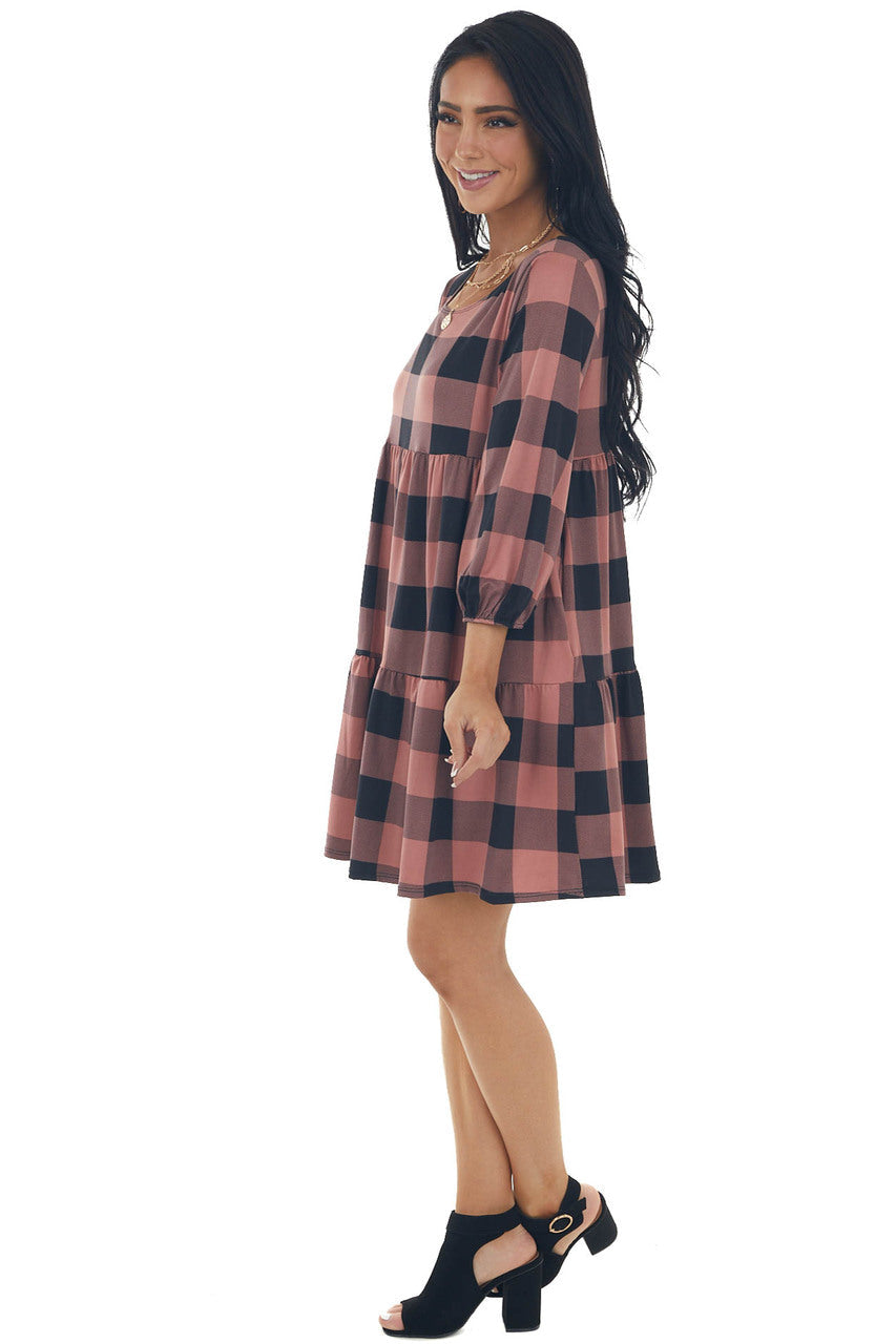 Marsala Buffalo Plaid Long Bubble Sleeve Dress