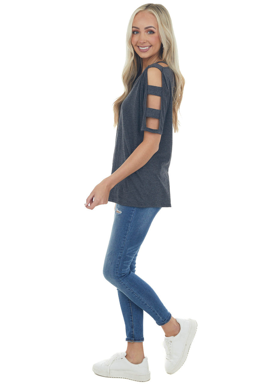 Charcoal Melange Ladder Cut Out Sleeve Tee