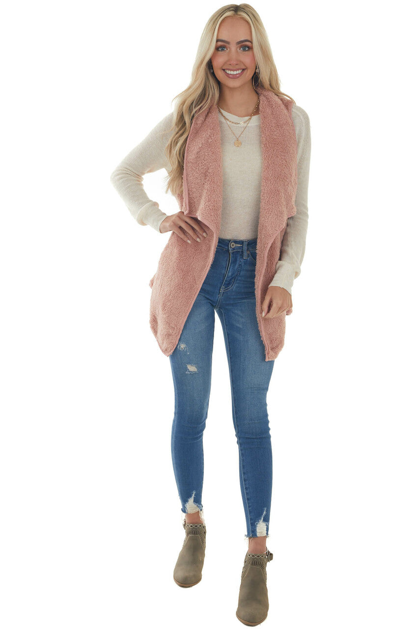 Dusty Punch Fuzzy Open Front Vest with Pockets