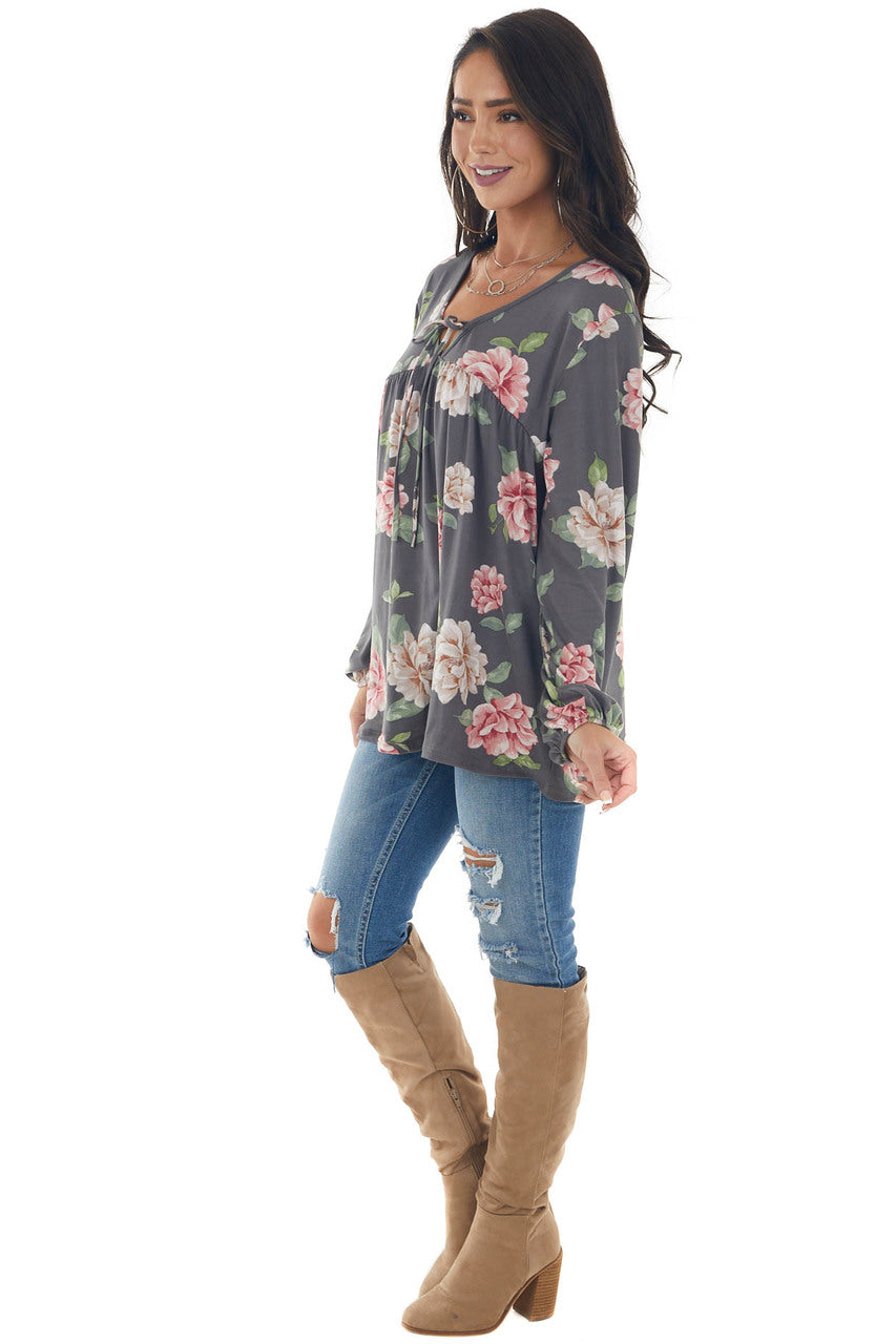 Graphite Floral Print Long Sleeve Babydoll Top