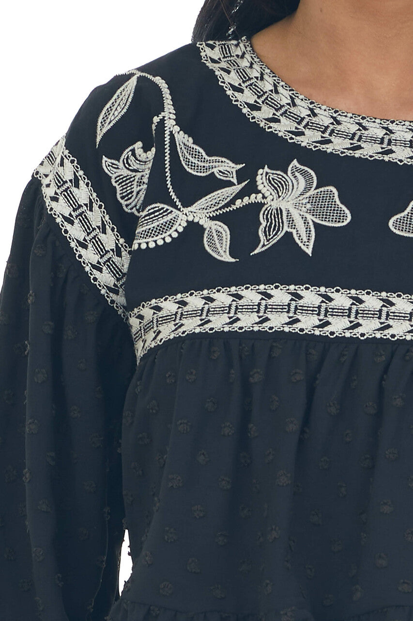 Black Embroidered Yoke Swiss Dot Top