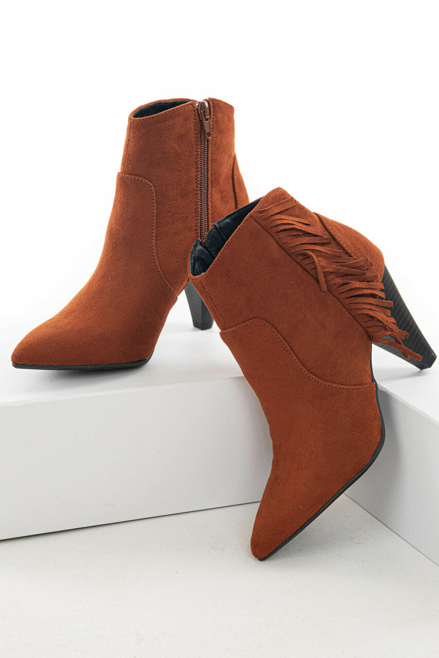 Dark Rust Faux Suede Bootie with Fringe Detail 