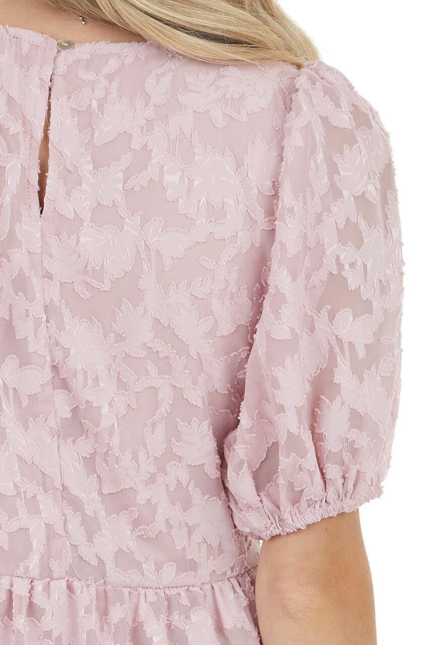 Dusty Blush Floral Lace Peplum Top with Short Puff Sleeves