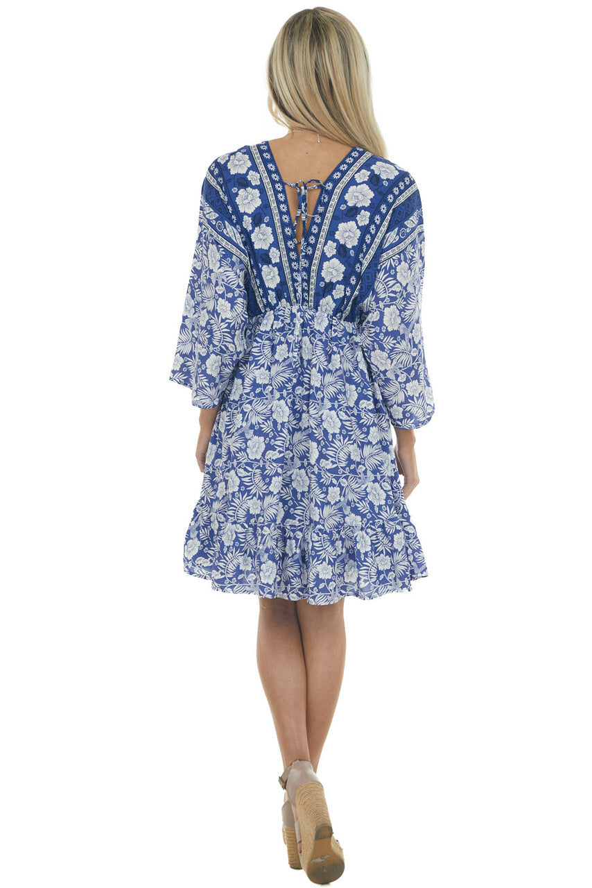 Royal Blue Tropical 3/4 Sleeve Back Tie Dress