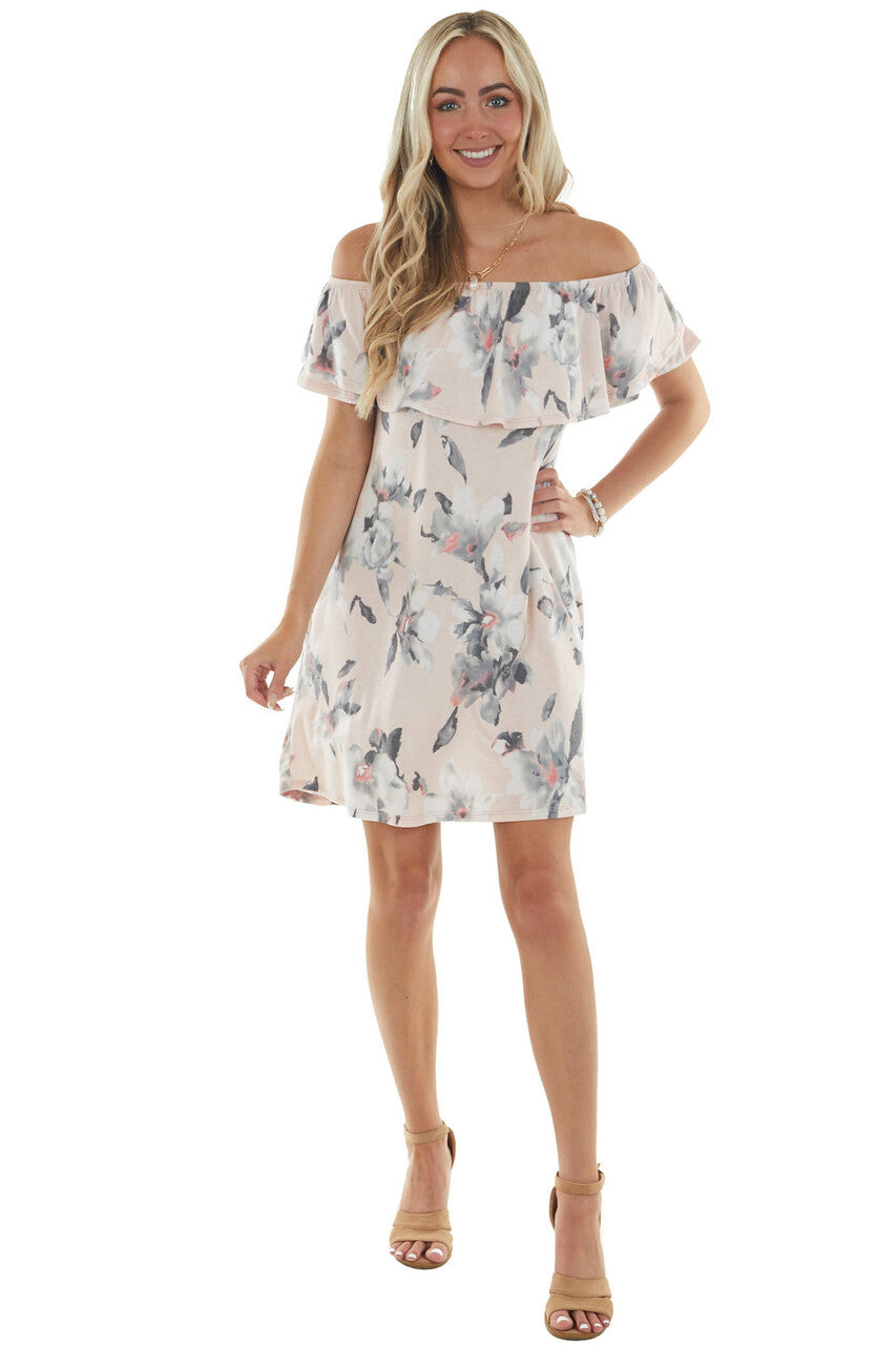 Blush Floral Off Shoulder Overlay Mini Dress