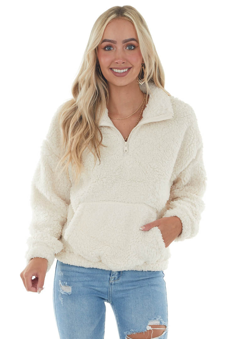 Cream Mock Neck Sherpa Pullover Jacket