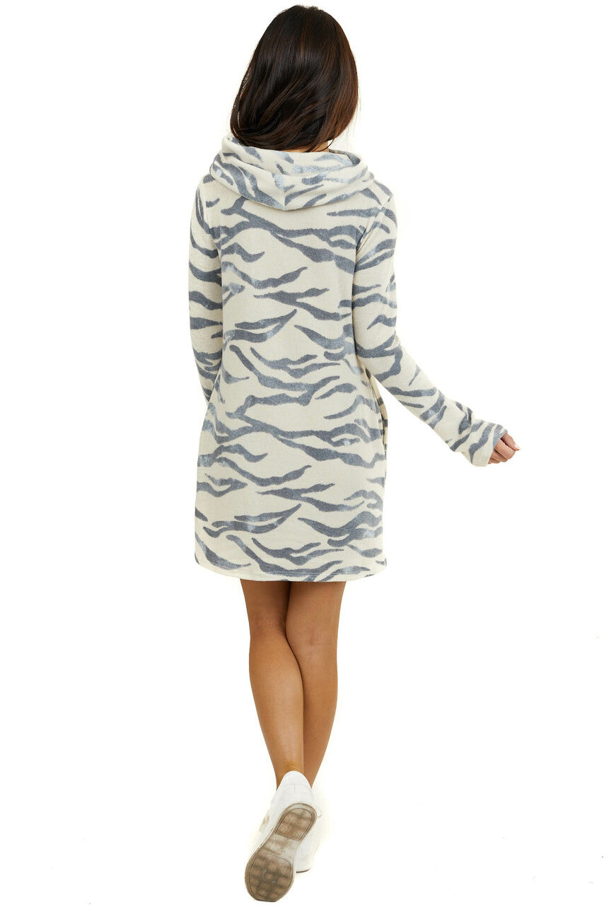 Cream and Stormy Grey Zebra Print Dress with Cowl Neckline 