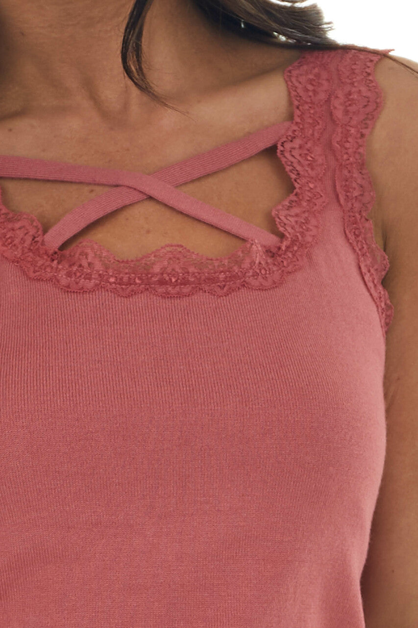 Marsala Ribbed Criss Cross Neck Cami with Lace