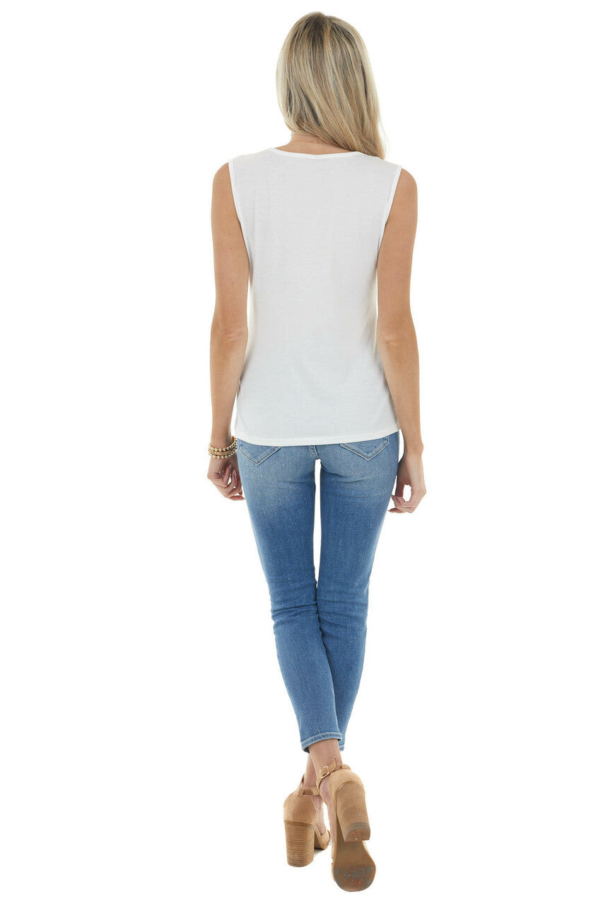 Pearl Sleeveless Stretchy Knit Top with Lace V Neckline 