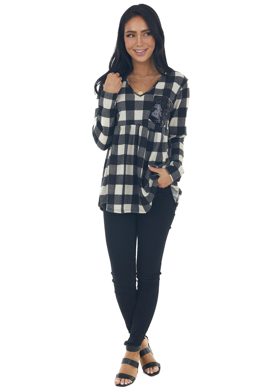 Black Buffalo Plaid Babydoll Sequin Top 