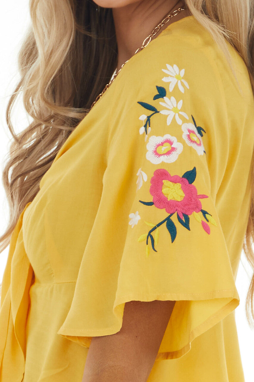 Amber Woven Front Tie Top with Floral Embroidered Details