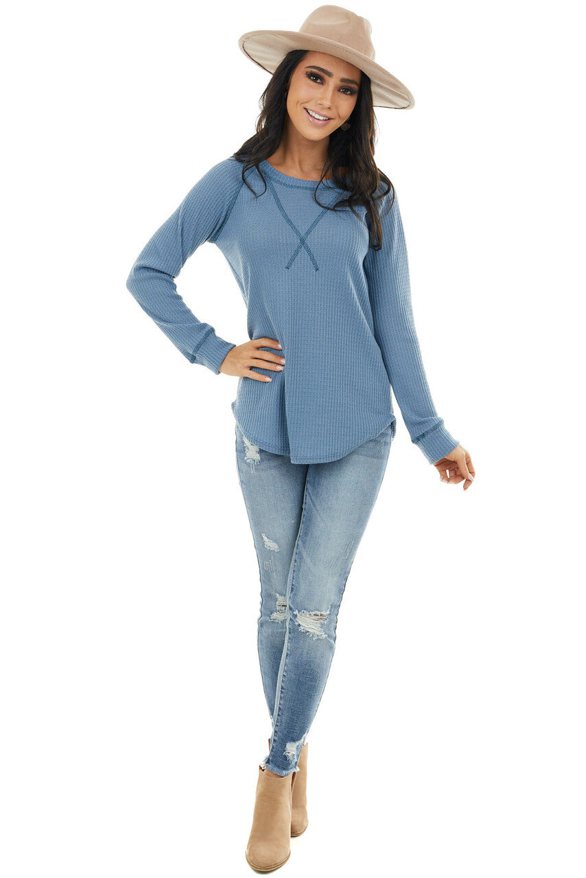 Dusty Blue Waffle Knit Long Sleeve Top with V Stitch