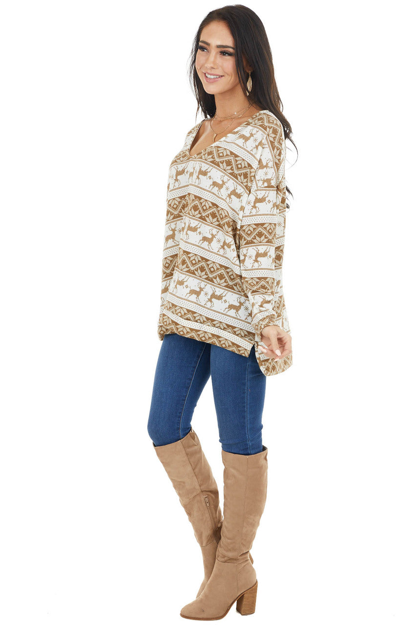 Camel and Ivory Holiday Print Oversized Long Sleeve Top