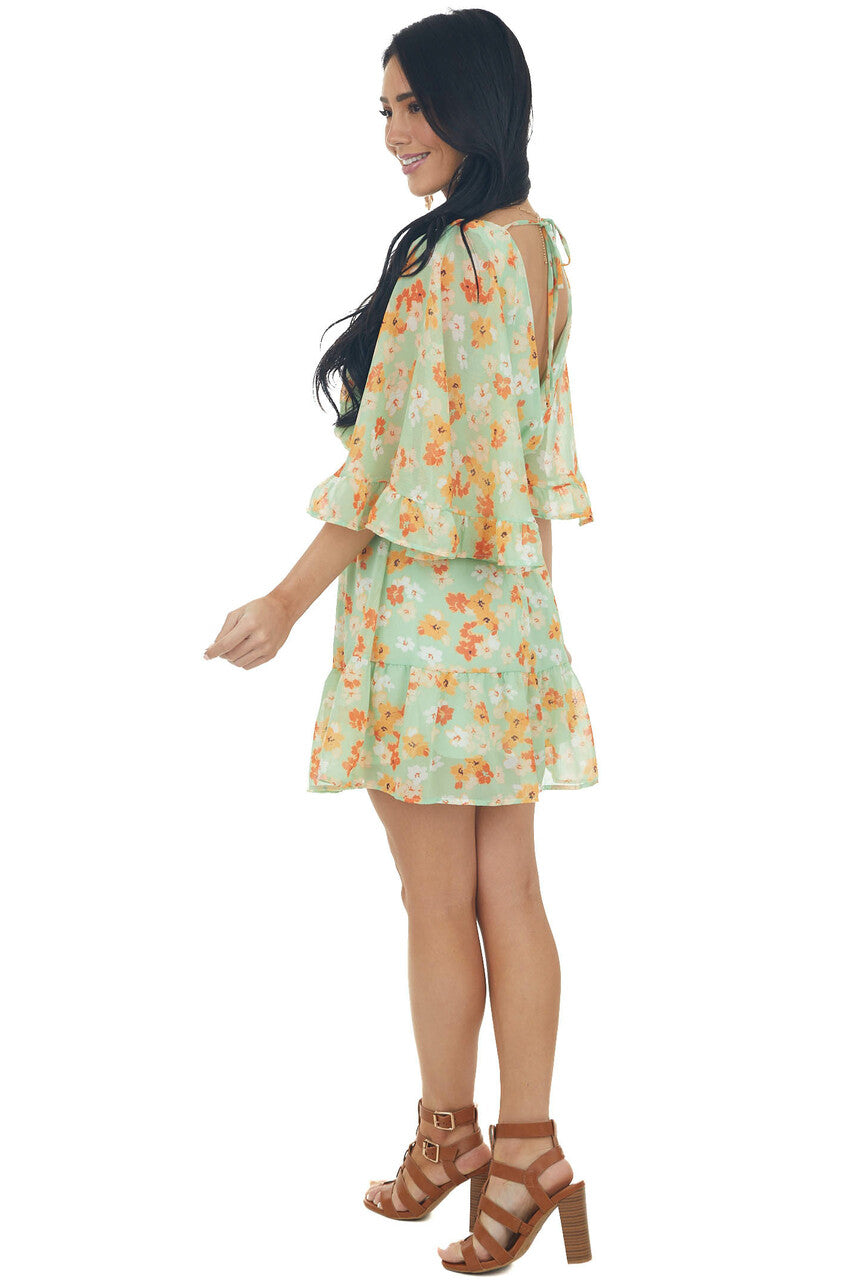 Pistachio and Floral Print Mini Dress