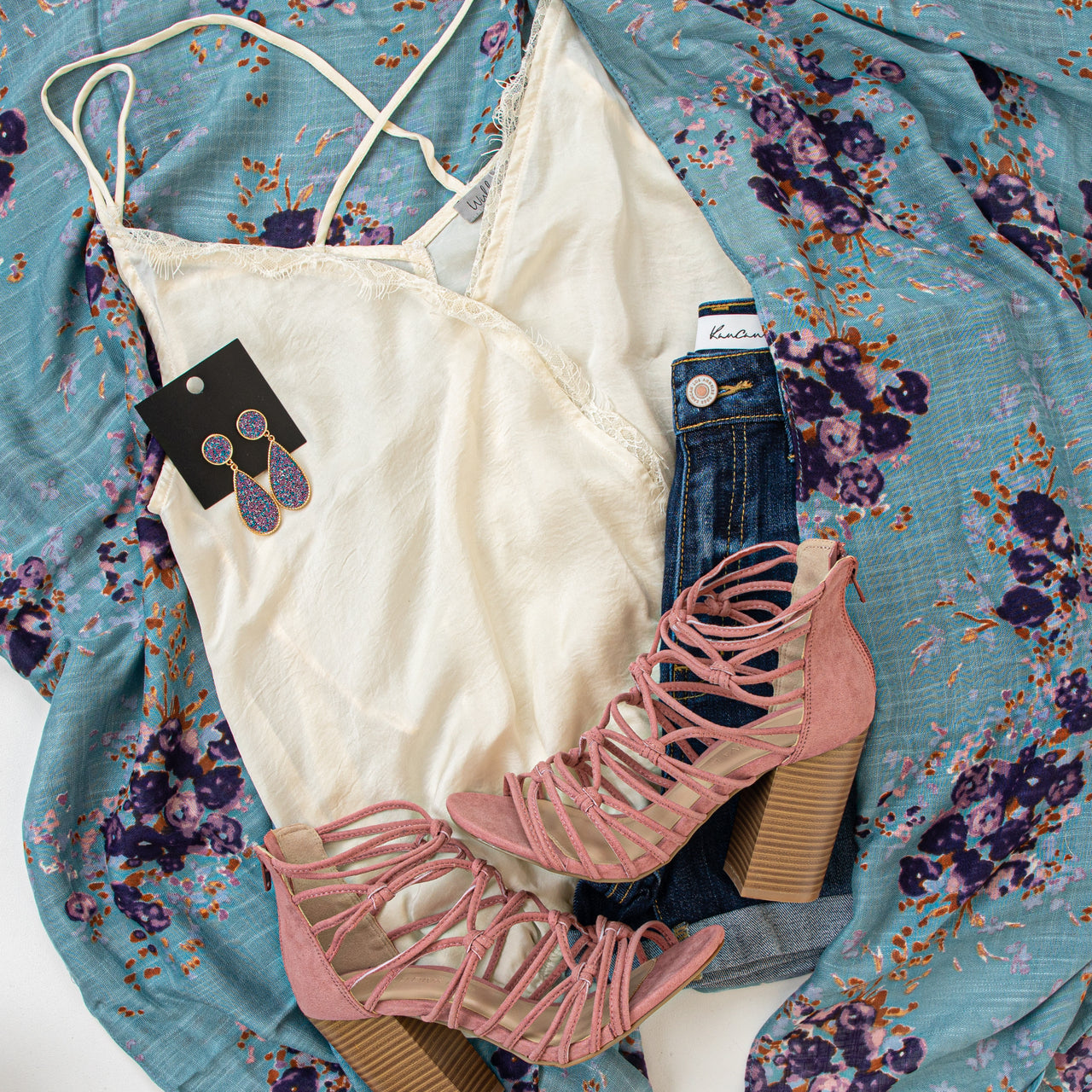 Ivory Surplice Woven Camisole Top with Lace Trim 