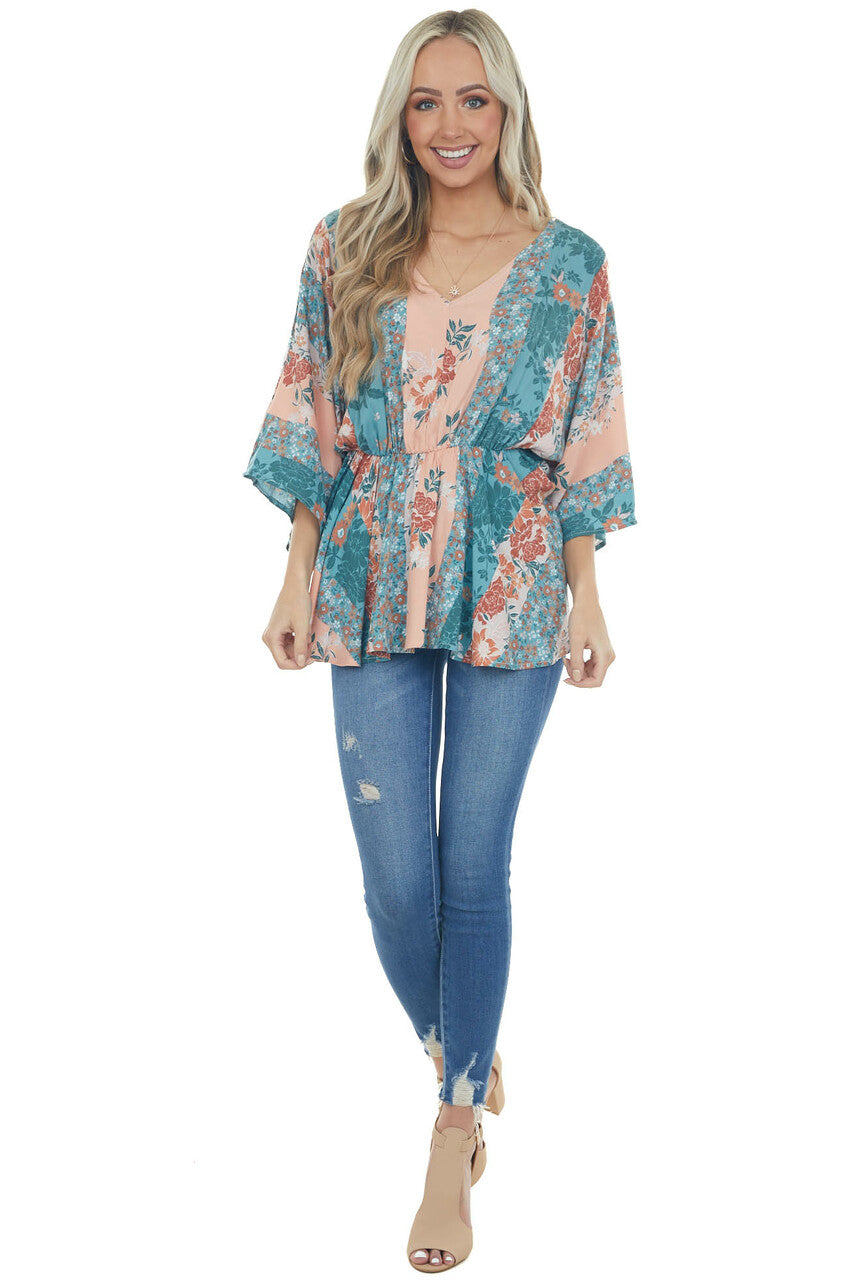 Teal and Peach Floral Multiprint Peplum Top 