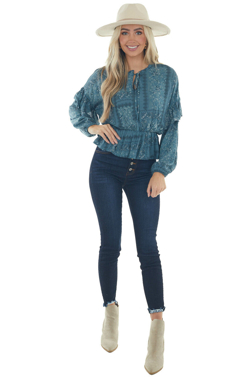 Sea Blue Printed Long Sleeve Peplum Fit Blouse
