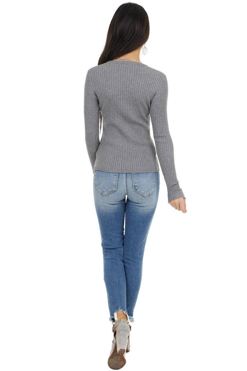 Charcoal Rib Knit Henley Long Sleeve V Neck Top