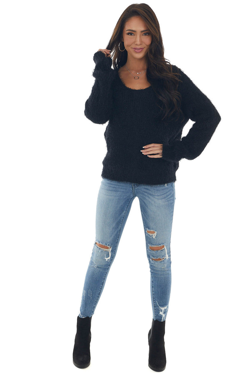 Black Fuzzy Soft Sweater with Silver Threading