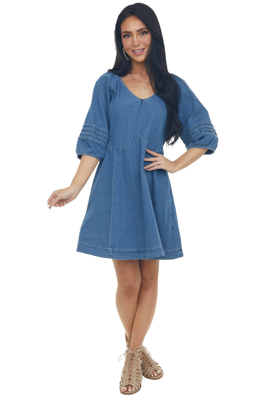 Dark Wash Pleated Puff Sleeve Denim Dress
