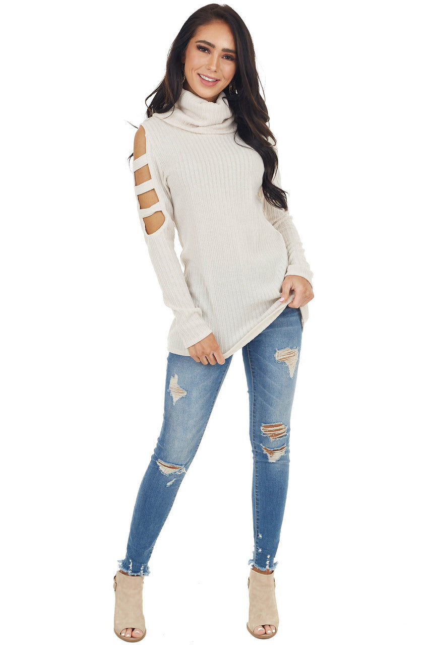 Oatmeal Ribbed Knit Long Ladder Sleeve Cowl Neck Top