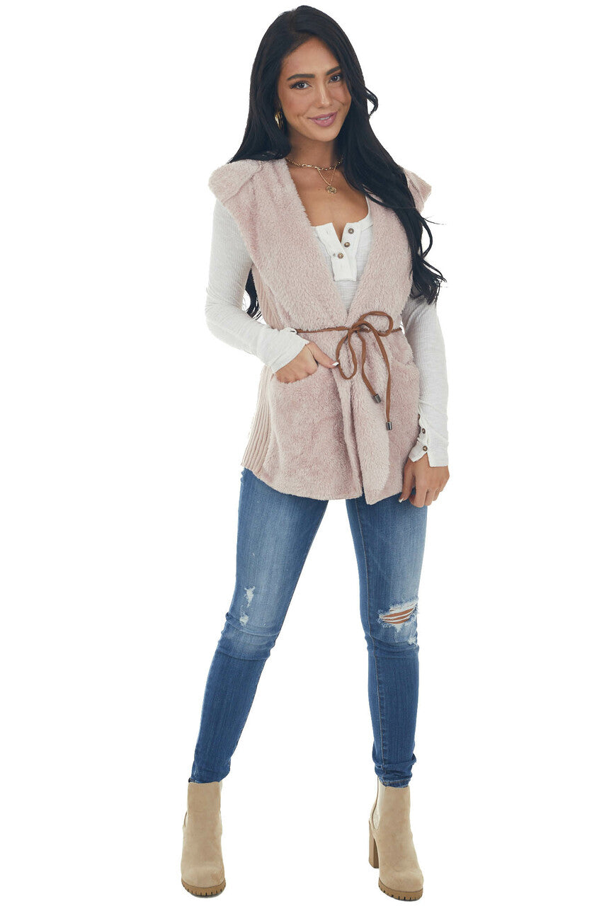 Blush Faux Fur Hooded Ribbed Contrast Vest 