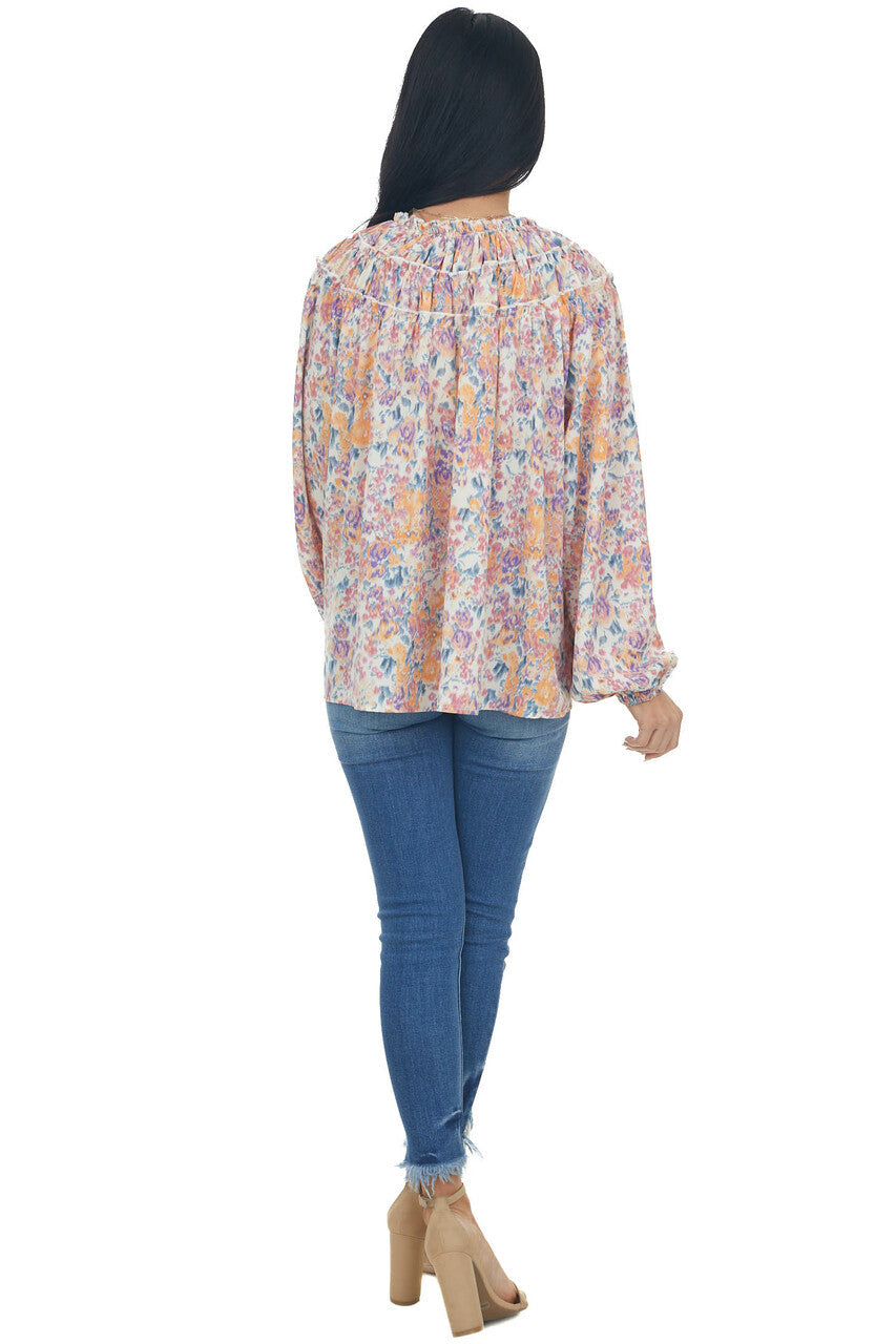 Sunset Floral Print Bubble Sleeve Blouse