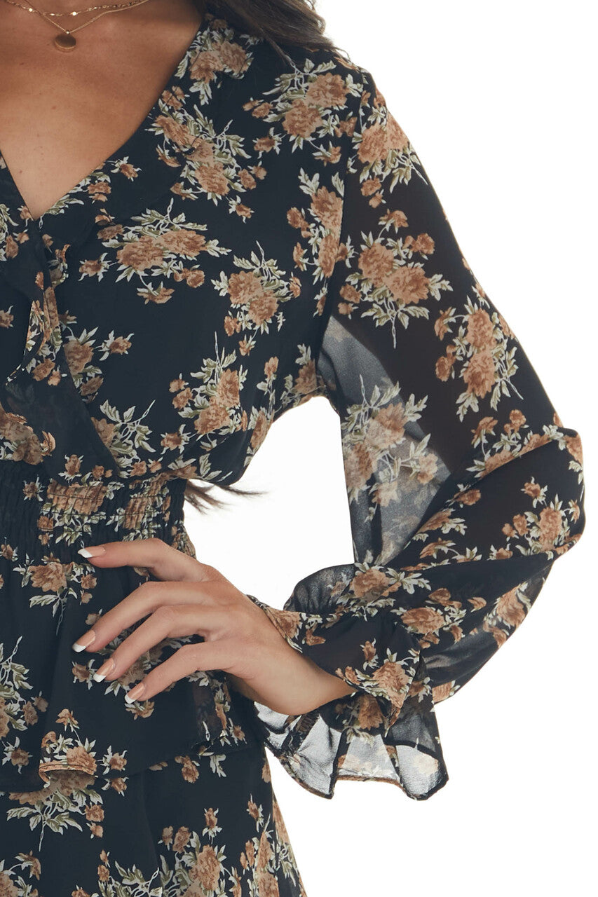 Black and Taupe Floral Surplice Ruffle Dress