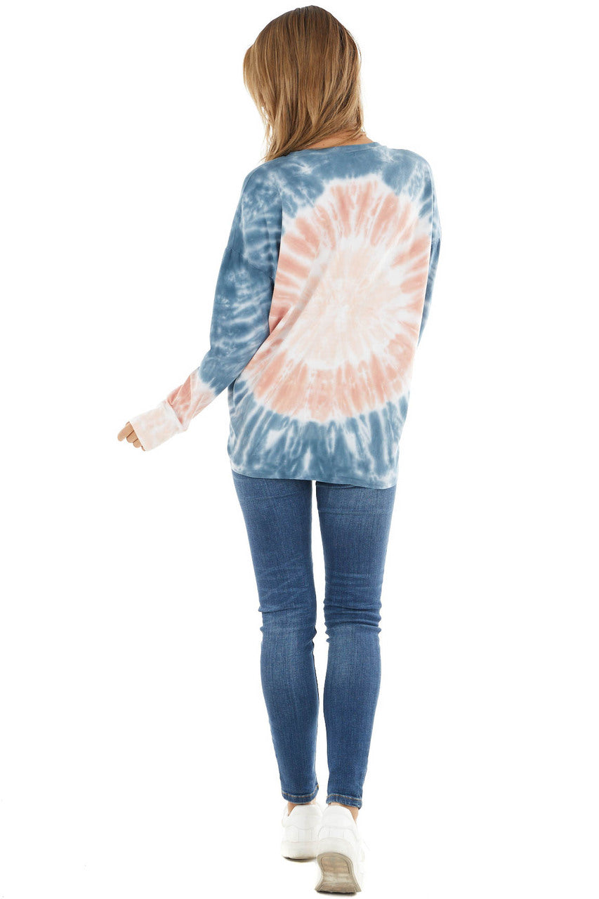 Navy Blue and Salmon Tie Dye Long Sleeve Knit Crewneck Top