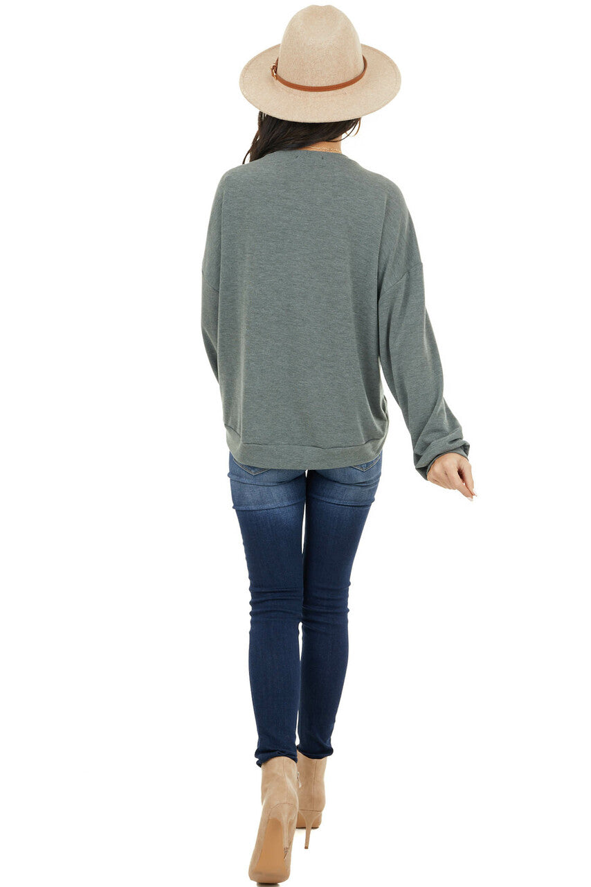 Faded Olive Stretchy Long Sleeve Top with Raw Edge Details