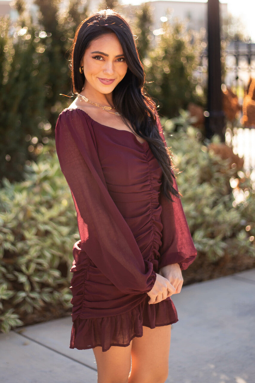 Wine Bubble Sleeve Ruched Mini Dress
