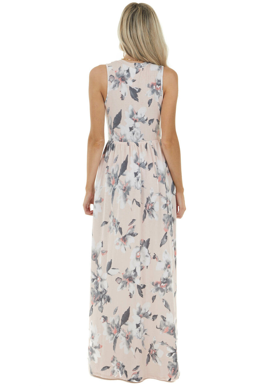 Blush Floral Sleeveless Surplice Maxi Dress with Pockets