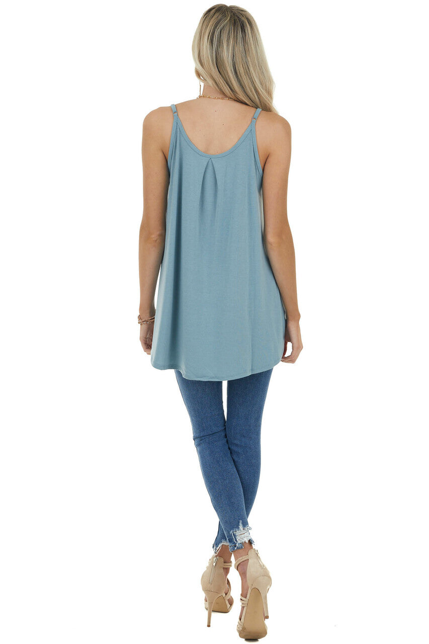 Dusty Teal Sleeveless Knit Top with Pleated Neckline