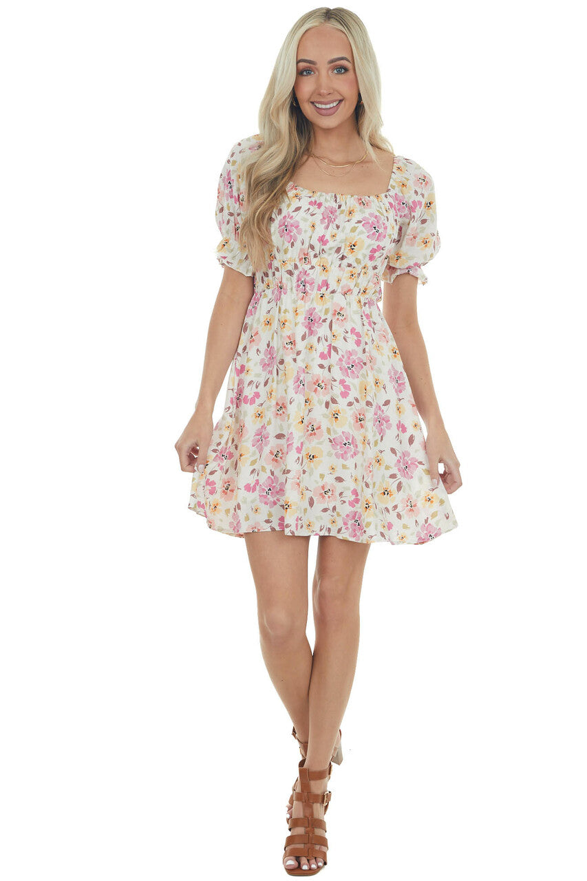 Vanilla Floral Print Puff Sleeve Short Dress