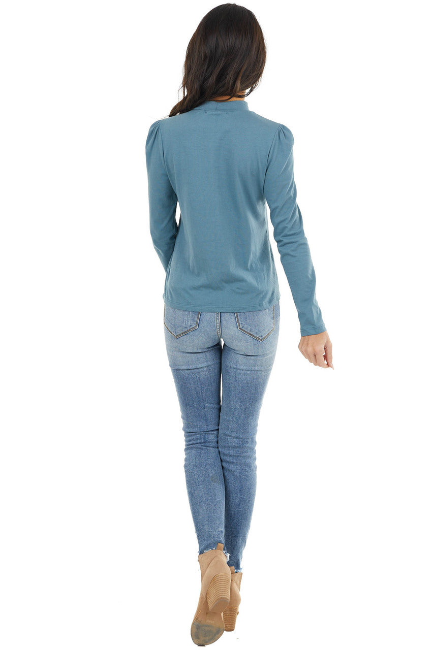 Teal Mock Neck Top with Long Sleeves and Puffy Shoulders